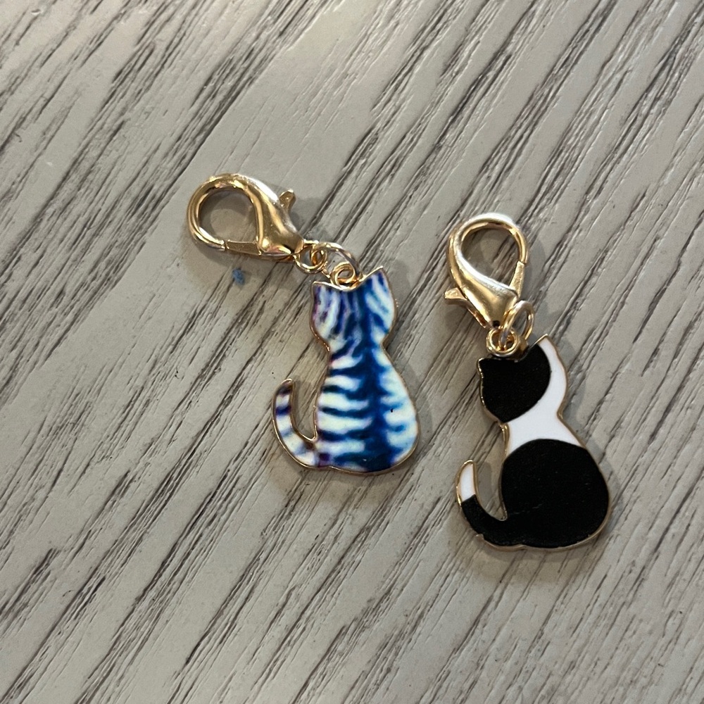 Cat Enamel Charm Zipper Pulls - Blue Striped & Black White